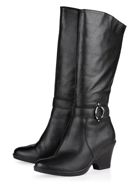 Black female fashionable leather boots — Stock Photo, Image