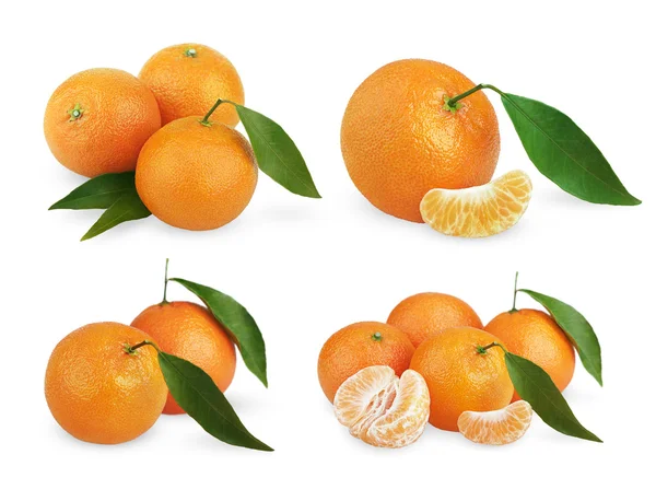 Sada zralé mandarinky s listy a plátky — Stock fotografie