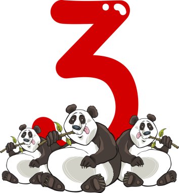 Number three and 3 pandas clipart