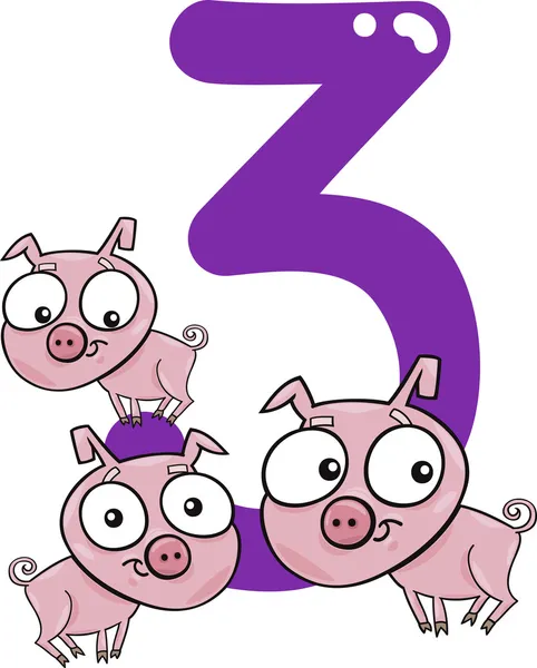 Número três e três porcos — Vetor de Stock