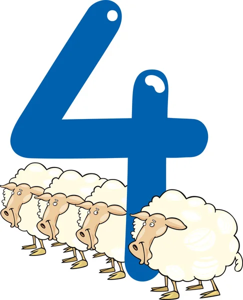 Number four and 4 sheeps — Stock Vector