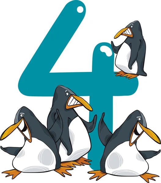 Numer cztery i 4 pingwiny — Wektor stockowy