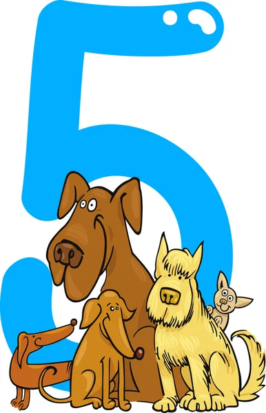 Número cinco e cinco cães — Vetor de Stock