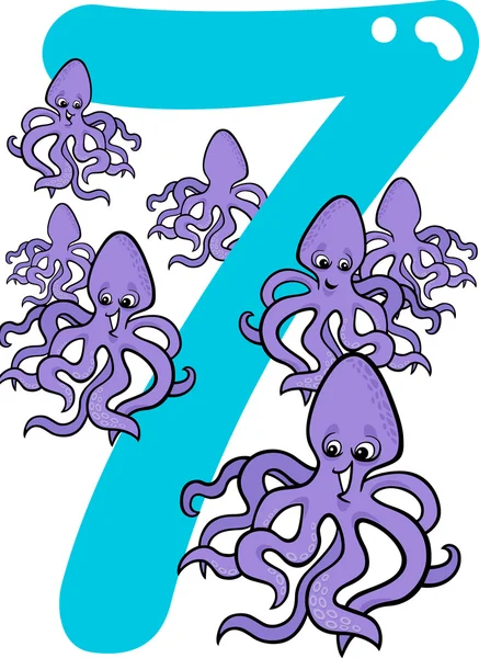 Number seven and 7 octopuses — Stock Vector