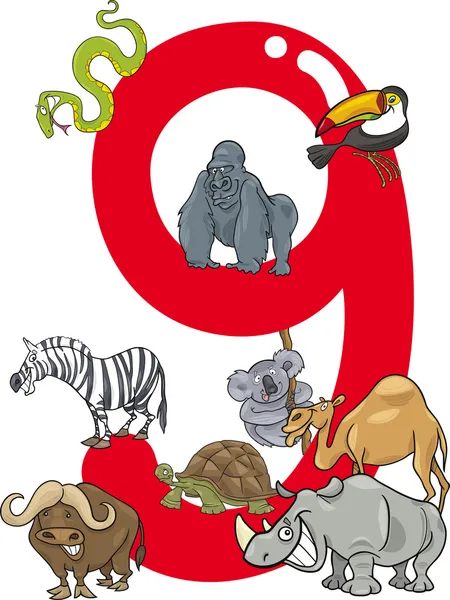 Číslo devět a 9 zvířata — Stockový vektor
