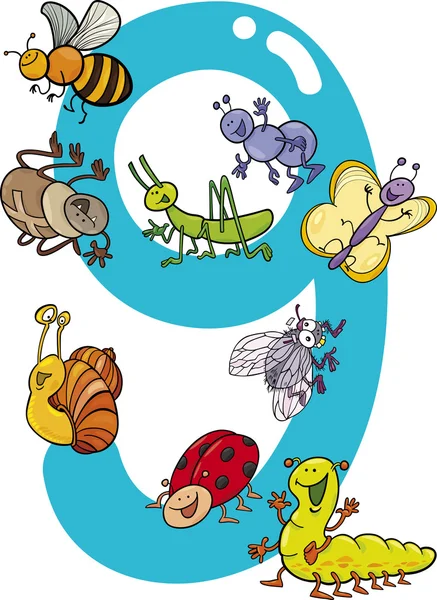 Number nine and 9 insects — Stock Vector