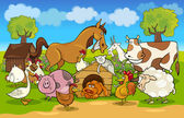 karikatura venkovské scény s hospodářskými zvířaty