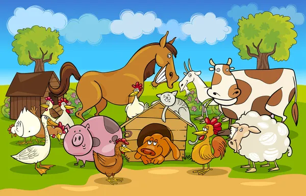 Karikatura venkovské scény s hospodářskými zvířaty — Stockový vektor