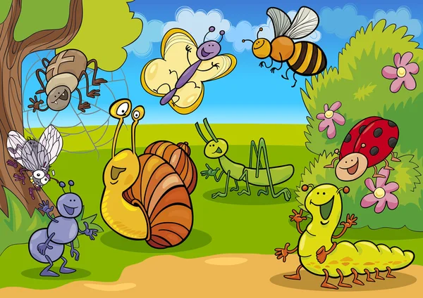 Insectos de dibujos animados en el prado — Vector de stock