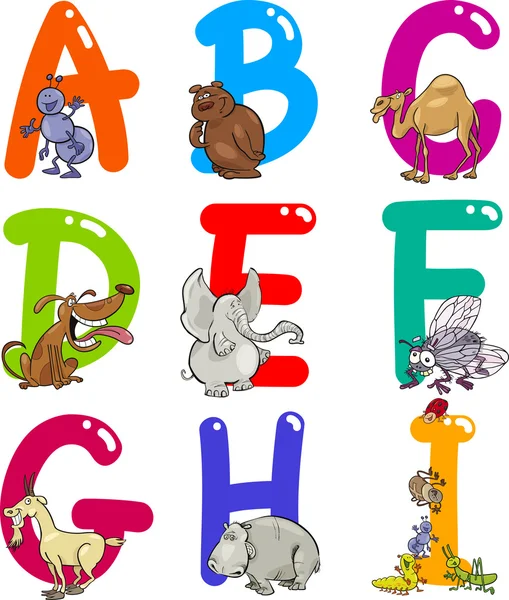 Alfabeto de dibujos animados con animales — Vector de stock