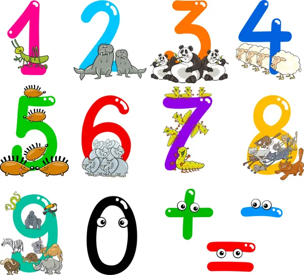 Números com animais de desenhos animados — Vetor de Stock
