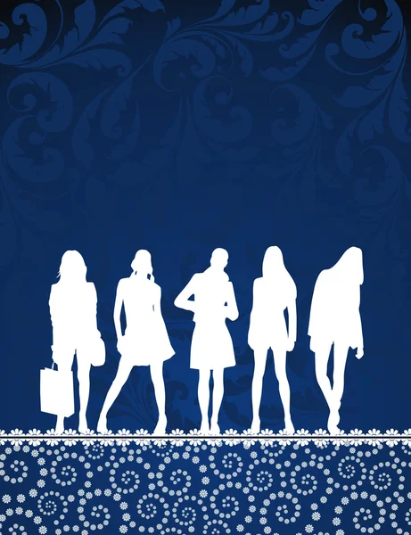 Girls silhouettes on blue pattern