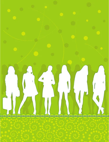 Kızlar siluetleri üzerinde yeşil desen — Stok Vektör