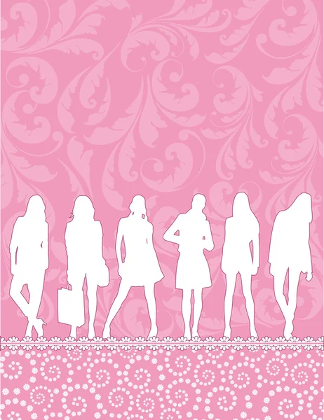 Silhuetas meninas no padrão rosa — Vetor de Stock