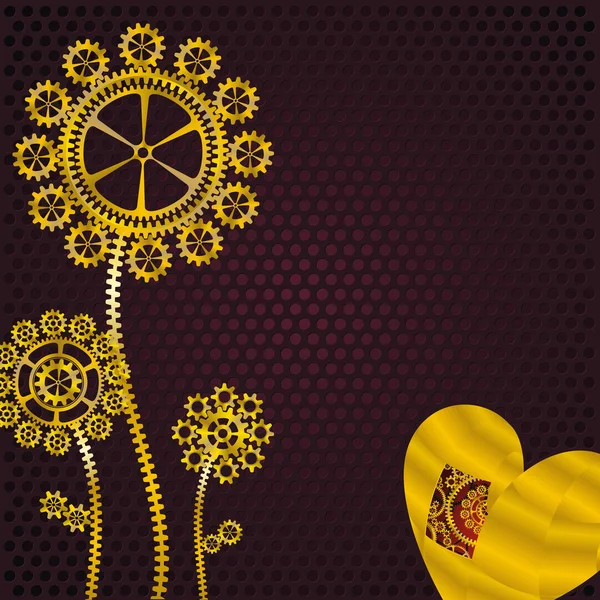 金色的心和齿轮的花朵 — 图库矢量图片