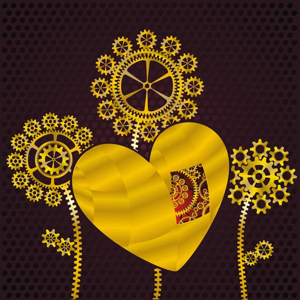 Corazón dorado y flores de engranaje — Archivo Imágenes Vectoriales