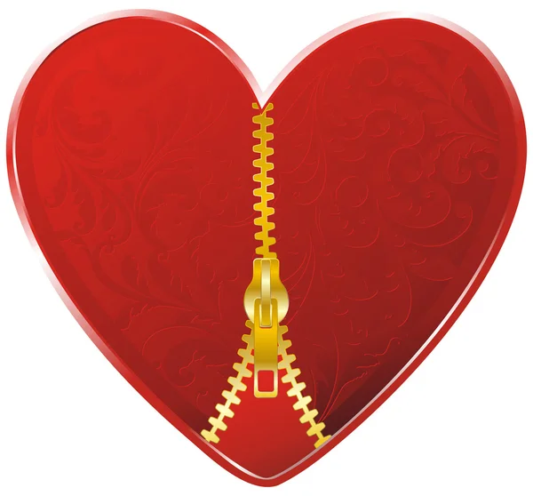 Rött hjärta med gyllene dragkedja — Stock vektor