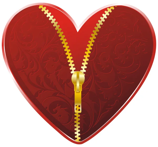 Corazón rojo con cremallera dorada — Vector de stock