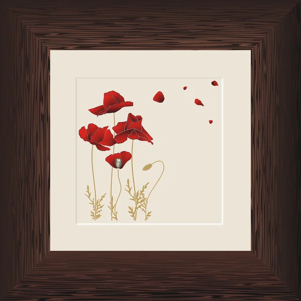 绘画的木制框架中的红罂粟 — 图库矢量图片
