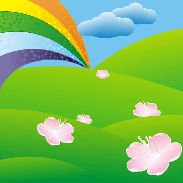 Rainbow over green meadow — Stock Vector