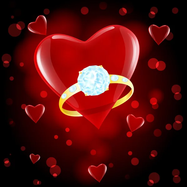 Red hearts and diamond ring — Stock Vector