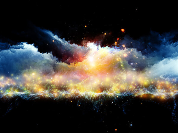 Backdrop composed of clouds of fractal foam and abstract lights and suitable for use on art, spirituality, painting, music , visual effects and creative technologies