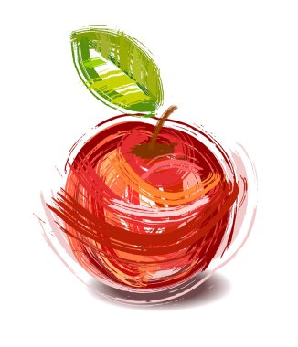 Drawing red apple with green sheet - sketch clipart
