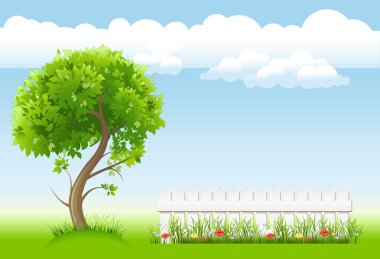 Summer garden with tree, flower and light railing clipart