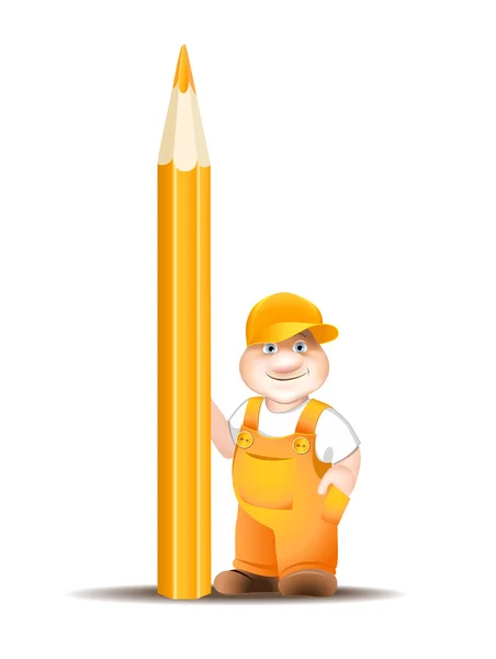Robotnik rysunek w kombinezon, trzyma ołówek — Wektor stockowy