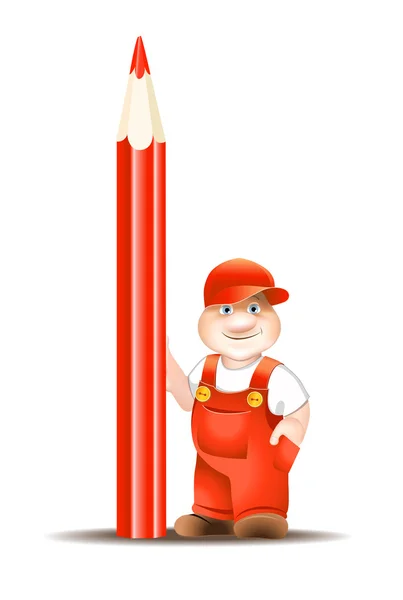 Arbetstagaren tecknade i overaller, håller penna — Stock vektor