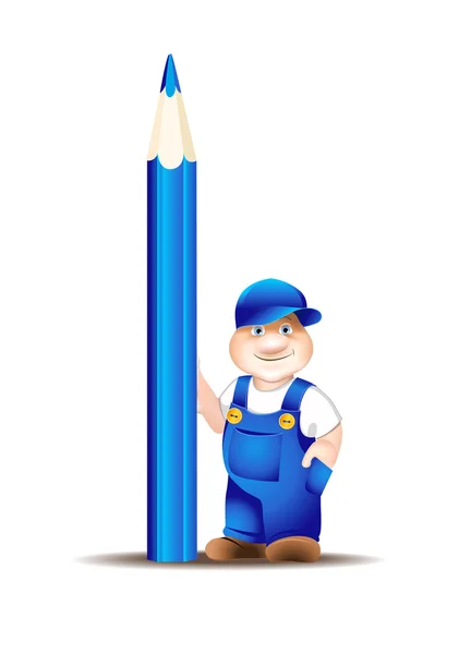 Arbetstagaren tecknade i overaller, håller penna — Stock vektor
