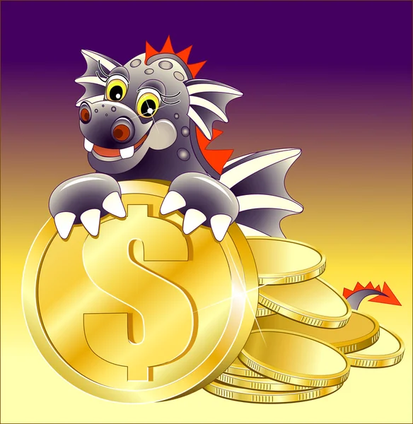 Black dragon illustration of Cute Cartoon with golden coin — Stock Vector