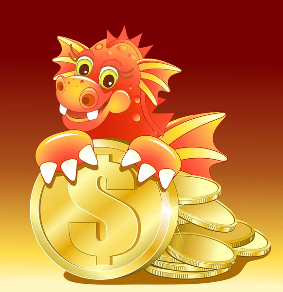 Dragão vermelho ilustração de desenhos animados bonitos com moeda de ouro — Vetor de Stock