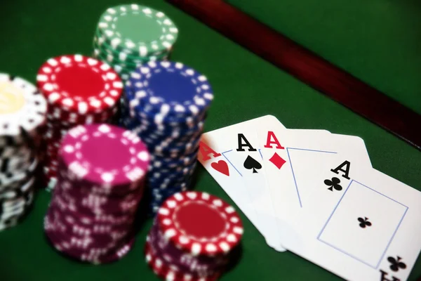 Four aces and a big pile of chips — Stock Photo, Image