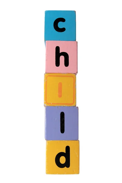 Child in toy play block letters with clipping path — Stock Photo, Image