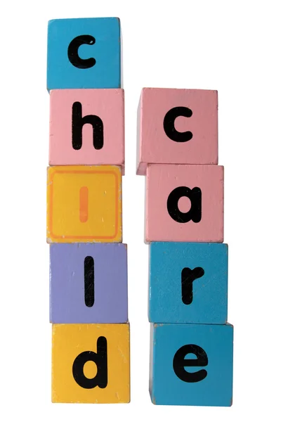 Nyomtatott betűkkel fehér vágógörbével gyermekgondozási — Stock Fotó