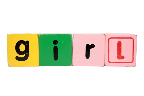 Menina em letras de bloco de jogo com caminho de recorte — Fotografia de Stock
