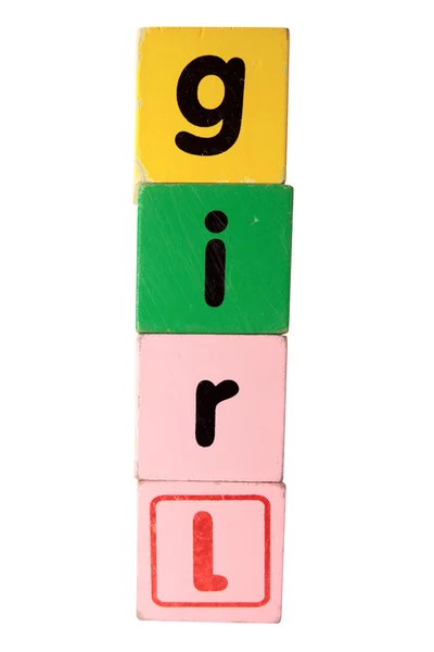 Menina em brinquedo jogar letras de bloco com caminho de recorte — Fotografia de Stock