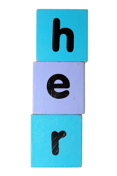 Her in play block letters with clipping path — Stock Photo, Image