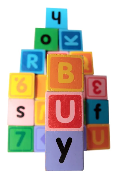 Comprar em brinquedo jogar letras de bloco com caminho de recorte — Fotografia de Stock