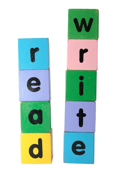 Read and write in text on toy blocks — Stock Photo, Image