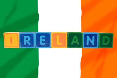 Ireland and flag in toy block letters clipart