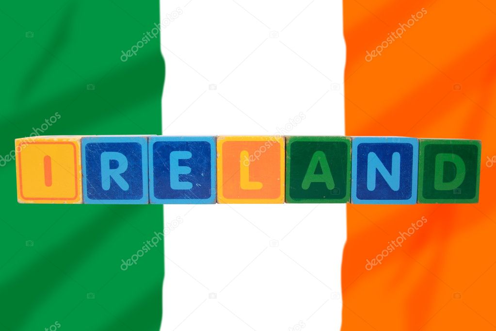 Ireland and flag in toy block letters