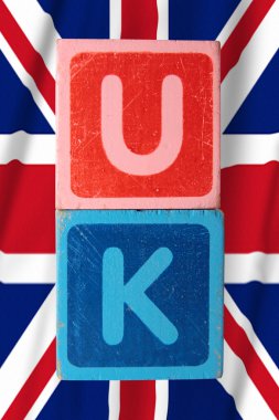 Uk and flag in toy block letters