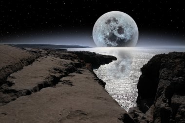 Shimmering moon and boulders in rocky burren landscape clipart