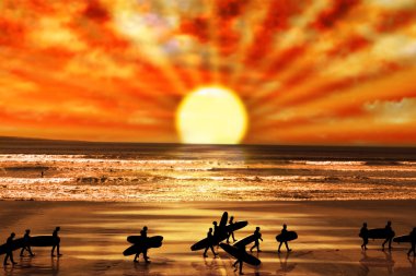 Surfers walking on sunset beach clipart