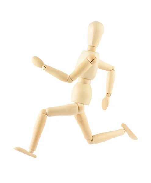 Wooden mannequin running isolated on white background — Stock Photo, Image