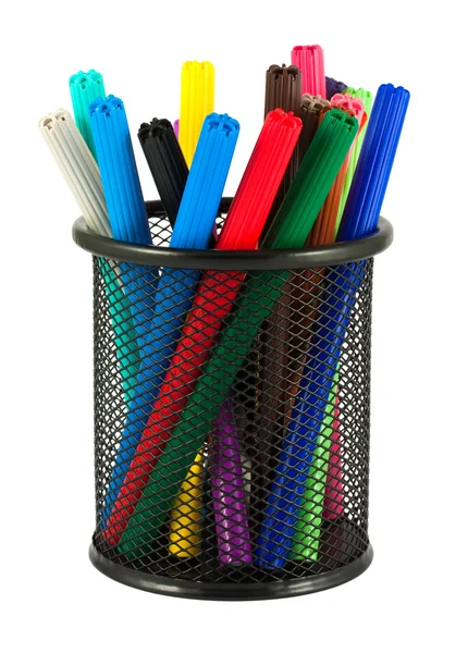 Conjunto de canetas de feltro de diferentes cores em suporte — Fotografia de Stock