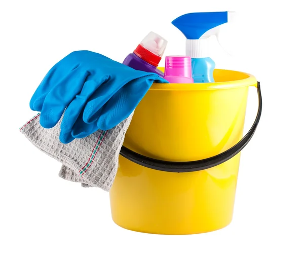 Yellow bucket with cleaning supplies — Stock Photo, Image