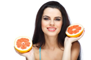 Girl in a turquoise swimming suit with a pink grapefruit, isolated on a white background, emotions clipart